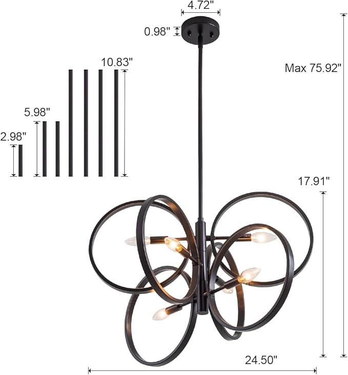 VILUXY Contemporary Black Chandelier Sputnik Ceiling Light Fixture 6-Light Mid-Century Geometric Circle Pendant Light for Dining Room Staircase Foyer 24.5"