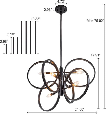 VILUXY Contemporary Black Chandelier Sputnik Ceiling Light Fixture 6-Light Mid-Century Geometric Circle Pendant Light for Dining Room Staircase Foyer 24.5"