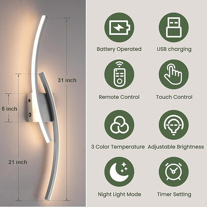 Battery Operated Wall Sconce Set of 2,Brushed Nickel Wall Sconces with Remote Control,3000K-6000K Modern LED Wireless Wall Light for Living Room, Hallway, Bedroom, 39.3 Inch (2 Pack)