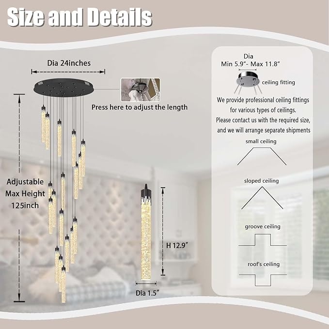 ykolupty H125'' Modern Crystal Chandeliers for Entryway 18-Lights LED Dimmable Chandeliers Lighting Fixture Large Pendant Light for Staircaes Living Room Villa