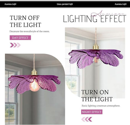 Purple Glass Pendant Light Fixtures 15.75" Large Flower Petal Ceiling Hanging Light Statement with Brushed Gold Base Mid Century Modern Chandelier for Kitchen Island Dining Room Living Room Foyer