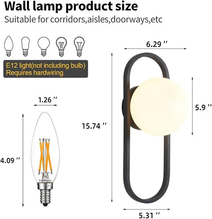 Bektas Wall Sconces, Set of 2, Matte Black, Modern Light Fixture with White Globe Glass Shade, Wall Lighting for Living Room, Bedrooms