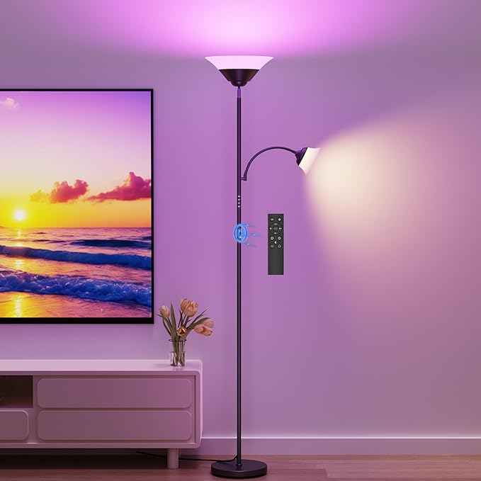 SIBRILLE RGB Torchiere Floor Lamp, 2-in-1 Dimmable Standing Lamp with Remote & Button Control, 34W 360° Rotatable LED Reading Lamp, 72" Modern Tall Corner Lamp for Bedroom, Living Room, Office, Black