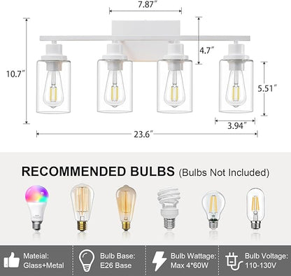 4 Light White Bathroom Light Fixtures Vanity Light Over Mirror Modern Wall Lighting Sconces Rustic Industrial Wall Lamp for Bathroom, Bedroom, Living Room E26 Socket with Glass Shade