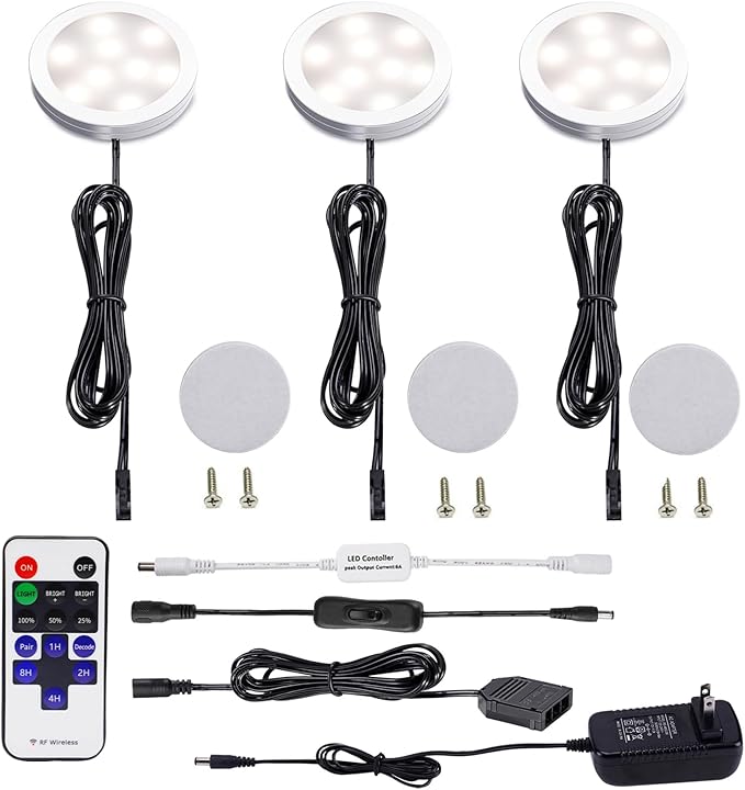 AIBOO Dimmable LED Under Cabinet Lights 3 Lamps Kit with RF Remote Control for Home Kitchen Counter Lighting (Natural White)