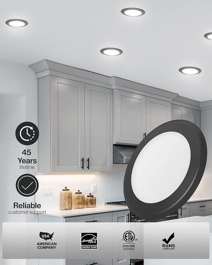 Sunco 6 Pack 6 Inch LED Disk Lights, Flush Mount Black Disc Recessed Ceiling Can Lighting, 1050 LM, Selectable CCT 2700K/3000K/4000K/5000K/6000K, Dimmable, 15W=100W, Wet Rated ETL.
