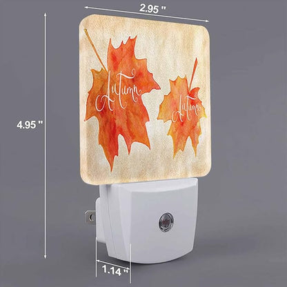 LED Night Light Plug into Wall with Dusk to Dawn Light Sensor White Energy Efficient Orange Watercolor Autumn Maple Leaves Nightlight for Bedroom Bathroom Hallway Living Room Kitchen