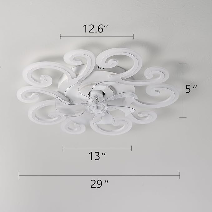 White Flower Modern Ceiling Fan with Lights, Low Profile Ceiling Fan with Remote for Bedroom, Flush Mount Ceiling Fans with LED Dimmable Light, 6-Speeds, Timing CeilingFan Light-yun