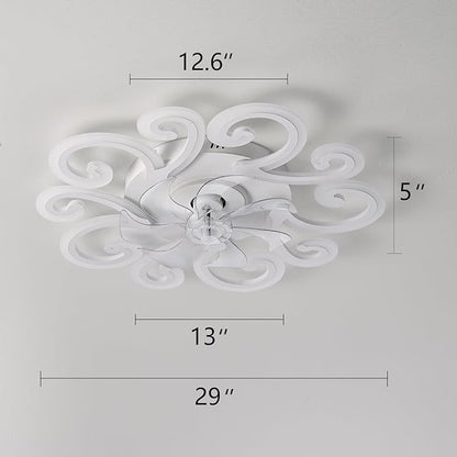 White Flower Modern Ceiling Fan with Lights, Low Profile Ceiling Fan with Remote for Bedroom, Flush Mount Ceiling Fans with LED Dimmable Light, 6-Speeds, Timing CeilingFan Light-yun