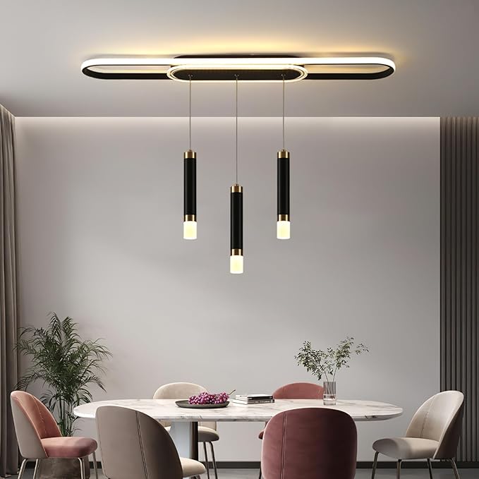 Jaycomey Modern LED Chandelier, Dimmable LED Ceiling Chandelier with Remote Control, 3-Light Acrylic Pendant Light for Dining Room, Kitchen Island, Living Room, 62W Black