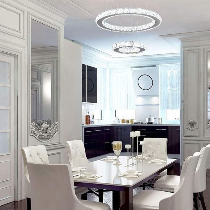 Modern Crystal Chandeliers Dimmable Round Pendant Lighting with Remote 2 Rings LED Ceiling Hanging Light Fixture for Foyer Dining Room Living Room Bedroom, 3000K/4000K/6000K 15.75”+7.7”