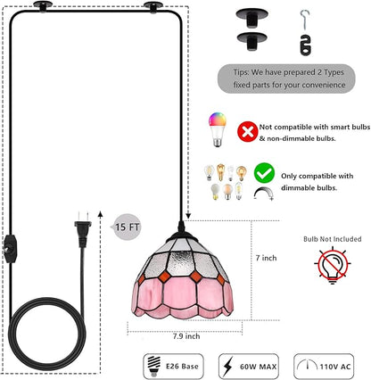 HuisMier Tiffany Hanging Pendant Light, Dimmable Pink Mini Plug in Light Fixture with 15 Ft Hanging Cord, Stained Glass Hanging Lamp for Bedroom Kitchen Dining Room Office, 7.9" Width
