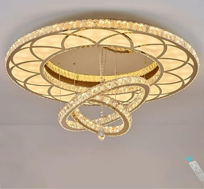 Flashing God Dia 32" Modern Crystal Chandeliers Dimmable Round Chandelier 3 Rings Flush Mount Crystal Ceiling Light for Living Room Dining Room Bedroom Gold