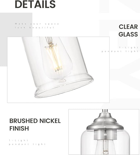 zeyu 2 Pack Modern Pendant Light Fixture, Brushed Nickel Hanging Light with Clear Glass for Kitchen Island Dining Room Bedroom Hallway Foyer, ZSL104MIL-2 BN