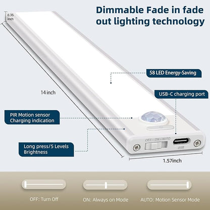 14inch Under Cabinet Lighting, 4 Pack Rechargeable Motion Sensor Light Indoor, Wireless Dimmable Magnetic Closet Lights, 58 LED Under Counter Lights for Kitchen, Wardrobe, Stairs, Warm Light