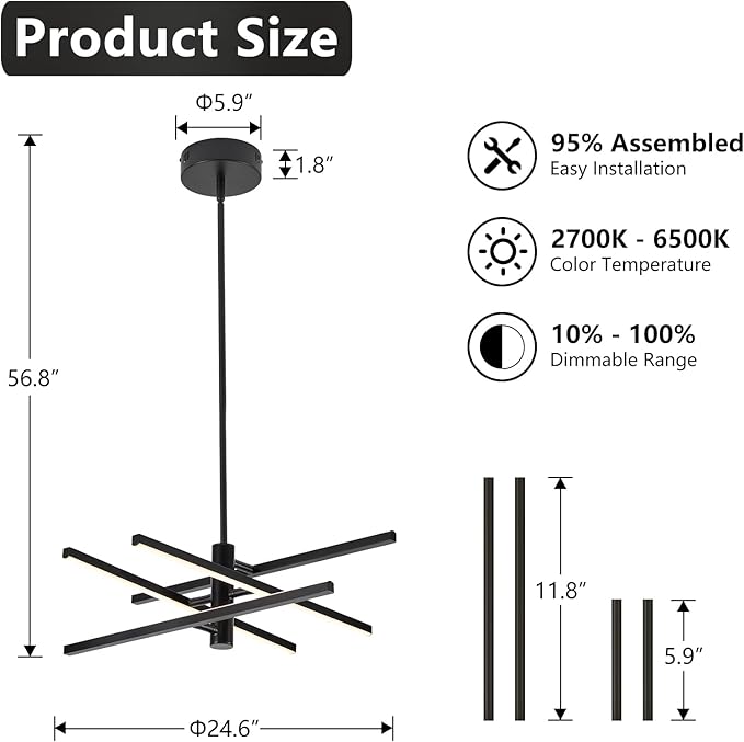 Modern Black Chandelier Light Fixtures: LED 4-Light Sputnik Dining Room Chandeliers Linear Pendant Lights Fixture Over Table Dimmable with Remote for Kitchen Island Living Room