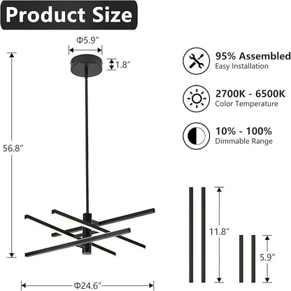 Modern Black Chandelier Light Fixtures: LED 4-Light Sputnik Dining Room Chandeliers Linear Pendant Lights Fixture Over Table Dimmable with Remote for Kitchen Island Living Room