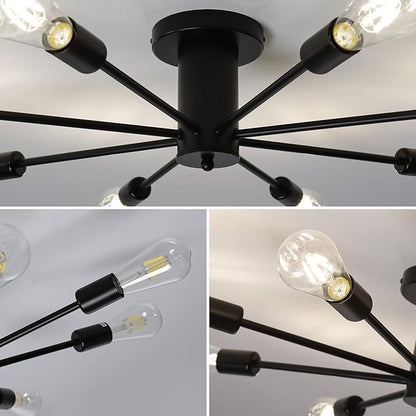 8-Lights Semi Flush Mount Ceiling Light, Matte Black Close to Ceiling Lighting with E26 Base, Modern Sputnik Light Fixtures for Living Room Bedroom Kitchen Dining Room