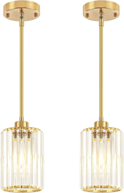 2 Pack Crystal Pendant Lights Kitchen Island, Brushed Brass Kitchen Pendant Lighting Over Island, Modern Dining Room Light Fixtures Adjustable Hanging Pendant Light for Bathroom Hallway Bedroom Foyer