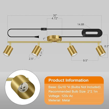 Track Lighting Plug in, LED Track Lighting Fixtures Ceiling Kit, Gold 4-Light Ceiling Light Plug-in, Wall Light with 14.8ft Power Cord, Rotatable Kitchen Spotlight for Bedroom(GU10 Socket, NO Bulb)