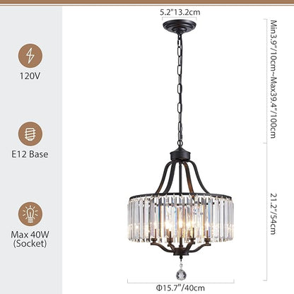 Black Crystal Chandeliers for Dining Room, 4-Light Modern Round Chandeliers 15.7" for Living Room Kitchen Hallway Bedroom Foyer Hall, Adjustable Height Hanging Light Fixture