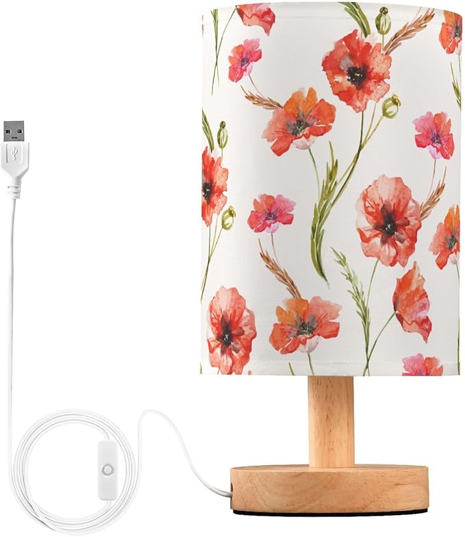 Bedside Table Lamp Retro Poppy Nightstand Lamp with Wood Floral Flower Leaves Desk Lamps for Bedroom Living Room Nursery Office Home Decor
