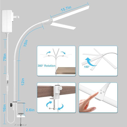 Hensam 31.5 Inch LED Desk Lamp, Double Head Desk Light with Clamp for Home Office, 5 Color Temperatures, Dimmable Task Lighting for Workbench Monitor Study, White