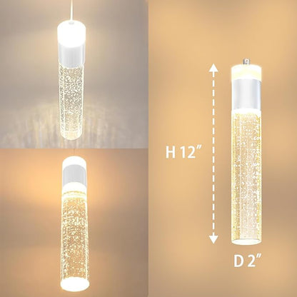 Modern LED Chrome Crystal Pendant Light Kitchen Island, Bedroom Bedside Hanging Ceiling Lamp with Crystal Bubble Column, Dimmable 3000k-6000k 1-Light Independent