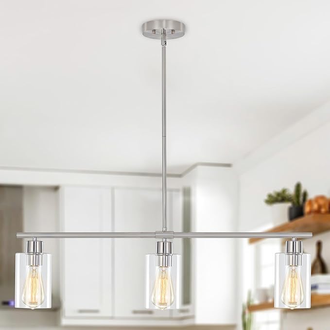 ETONIMERR Brushed Nickel Glass Pendant Lighting Over Island 3 Light Modern Kitchen Pendant Light with Glass Shade Industrial Linear Pendant Lighting for Kitchen Island