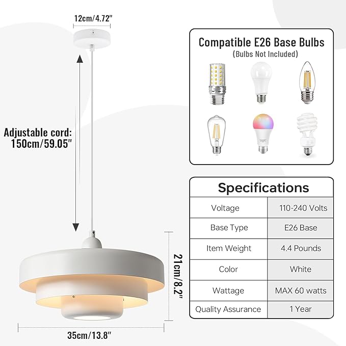 White 3-Tier Pendant Light Fixture, 13.8" Large Mid Century Modern Adjustable Hanging Ceiling Lamp, E26 Base Retro Farmhouse Pendant Lighting for Kitchen Island Dining Room Living Room Bedroom