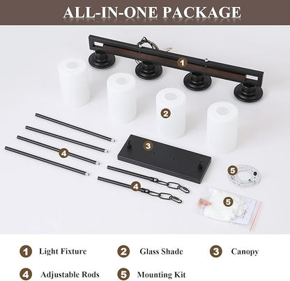 Farmhouse Dining Room Light Fixture, 4-Light Wood Kitchen Island Lighting for Dining Room Over Table, Black Adjustable Pendant Light with Milk Glass Shades, Linear Chandeliers Lighting for Kitchen
