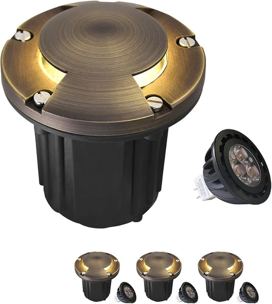 MALORY Brass Top Cover Landscape Well Lights,(5''H) 12V Low Voltage Outdoor In Ground Lights,Landscape Lighting for Pathway, Driveway and Garden (Two-Direction Turret, 4-Pack with Bulb)