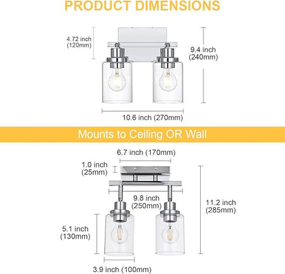 2-Light Track Lighting Kit Ceiling Kitchen Track Lighting Fixtures Chrome Bathroom Vanity Wall Lights with Clear Glass Multi-Directional Rotating Tracking Light Heads Spotlight for Accent Shop