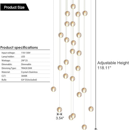 25 Lights Staircase Chandelier for High Ceiling, Dimmable Modern Crystal Raindrop Large Long Hanging Pendant Light for Stairwell Living Room Stair Foyer, Bulbs Included (Nickel Canopy)