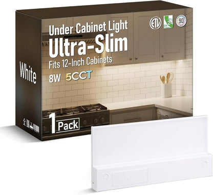 TORCHSTAR Ultra-Slim LED Under Cabinet Lighting Fits 12 Inch Cabinets, 5CCT 8W 600LM, Hardwired & Plug-in, 120V CRI90 Linkable Dimmable Thin Under Counter Lights for Kitchen, ETL T24