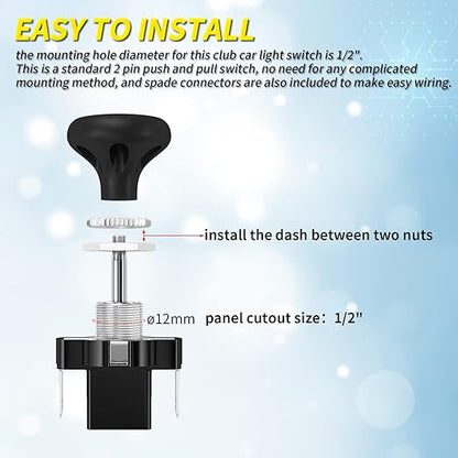 Joinfworld Golf Cart Headlight Switch Push Pull Type 12 Volt Universal Light Switch Button for Club Car, EZGO, Yamaha - 2Pcs