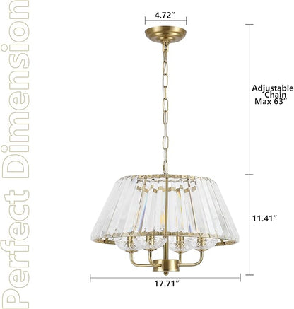 17.7" Modern Crystal Chandelier Vintage Mid Century Modern 4-Lights Gold Crystal Chandelier Light Fixture Drum Golden Chandelier for Dining Room, Bedroom, Kitchen Island, Entryway, E12