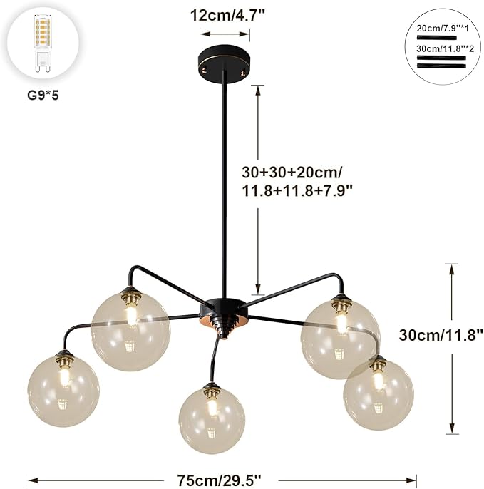 5 Light Black Sputnik Chandelier Mid Century Modern Chandelier with Cognac Clear Glass Globe Shade Pendant Light for Kitchen Dining Room