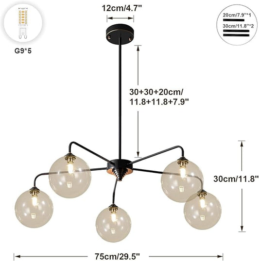 5 Light Black Sputnik Chandelier Mid Century Modern Chandelier with Cognac Clear Glass Globe Shade Pendant Light for Kitchen Dining Room