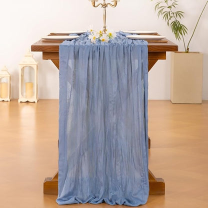 Socomi 10pcs Dusty Blue Summer Cheesecloth Table Runner Boho Rustic Gauze 120 inch 10FT Cheese Cloth Sheer Runner for Wedding Party Baby Shower Birthday Home Decor Holiday Decorations