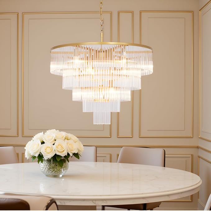 Modern Multi-Tier Crystal Chandelier 5-Tier Round Gold Finish Ceiling Light -Cylindrical Glass Rods -Dining Room Living Room Bedroom Entryway -Luxury Lighting Fixture 27.5''
