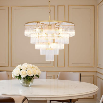 Modern Multi-Tier Crystal Chandelier 5-Tier Round Gold Finish Ceiling Light -Cylindrical Glass Rods -Dining Room Living Room Bedroom Entryway -Luxury Lighting Fixture 27.5''