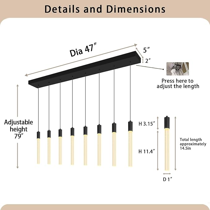 8-Light Black Rectangular Crystal Chandelier Modern LED Dimmable Crystal Column Pendant Lighting for High Ceiling Kitchen Island Entryway Living Room