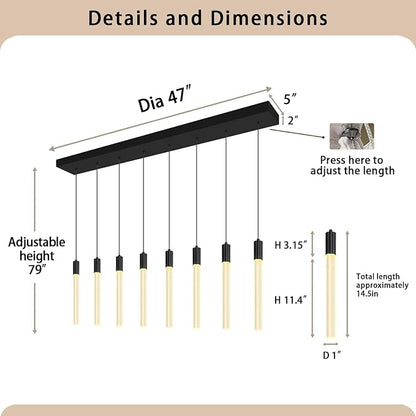 8-Light Black Rectangular Crystal Chandelier Modern LED Dimmable Crystal Column Pendant Lighting for High Ceiling Kitchen Island Entryway Living Room