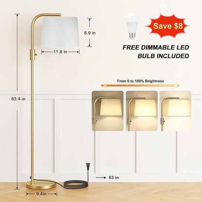 Ambimall Fully Dimmable Floor Lamp - Floor Lamps with 9W LED Bulb, Standing Lamps for Living Room with Adjust Head, Modern Standing Tall Light Rotary Switch for Office(Gold and Beige)