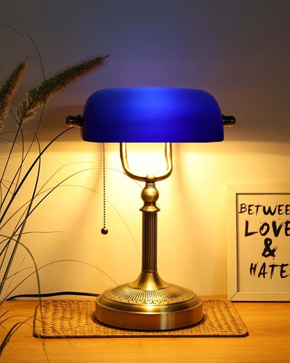 Blue Glass Bankers Desk Lamp with Pull Chain Switch Plug in Fixture for Home Office,Library