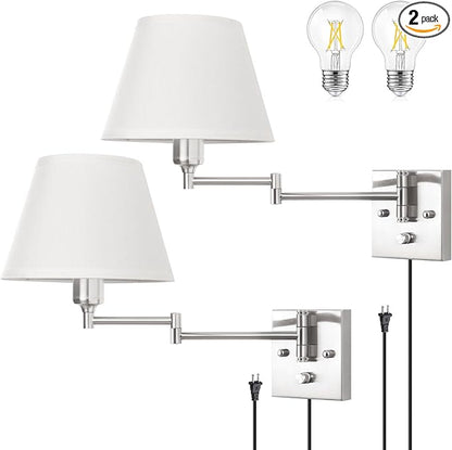 TRLIFE Wall Sconce Plug in, Dimmable Wall Sconces Set of 2 Brushed Nickel Swing Arm Wall Lights with Plug in Cord and On/Off Dimmer Rotary Switch, 9.4" Medium White Fabric Shade(2 Pack, 2 Bulbs)