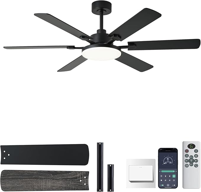 NKPU 56 Inch Ceiling Fans with Lights, Modern Black Ceiling Fan with Light and Remote Control, 6 Double Sided Blades, 6 Speed Reversible Motor, Dimmable LED, Silent Timing, Indoor Outdoor Patio Use
