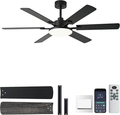 NKPU 56 Inch Ceiling Fans with Lights, Modern Black Ceiling Fan with Light and Remote Control, 6 Double Sided Blades, 6 Speed Reversible Motor, Dimmable LED, Silent Timing, Indoor Outdoor Patio Use