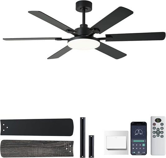 NKPU 56 Inch Ceiling Fans with Lights, Modern Black Ceiling Fan with Light and Remote Control, 6 Double Sided Blades, 6 Speed Reversible Motor, Dimmable LED, Silent Timing, Indoor Outdoor Patio Use
